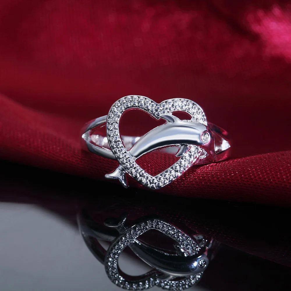 925 Sterling Silver Dolphin Heart Women Ring