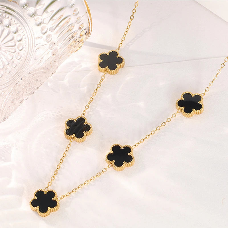 Collier Fleur Plaqué Or 14K - Pendentif Trèfle Double Face