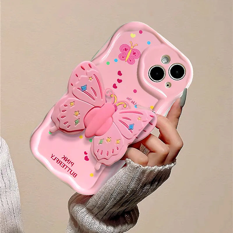 Pink Butterfly Holder Case for iPhone - Stand & Silicone Cover