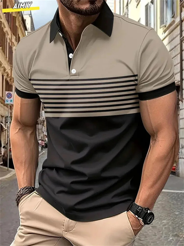 Herren Golf Stripe Poloshirt Lässiges Kurzarm-Poloshirt Einfarbiges Revers Mode Neues Business-Sport-T-Shirt Atmungsaktives Oberteil