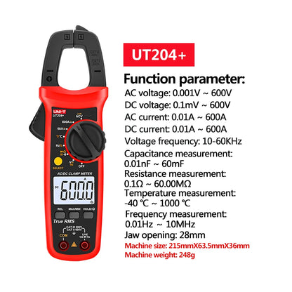 UNI-T UT202A+/UT204+ Digital Clamp Meter - AC/DC Voltage, True RMS