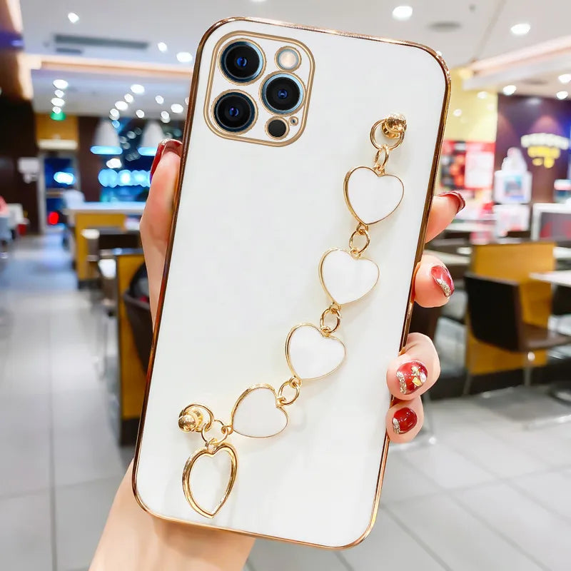 Fashion Plating Love Heart Bracelet Chain Case For iPhone 15