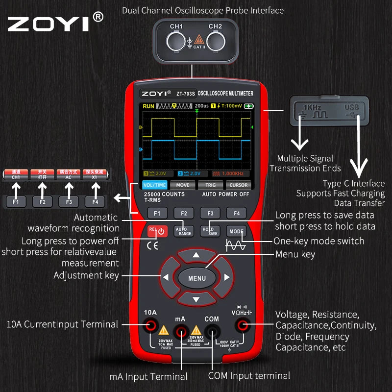Oscilloscope et multimètre multi-instruments à double canal ZT-703S