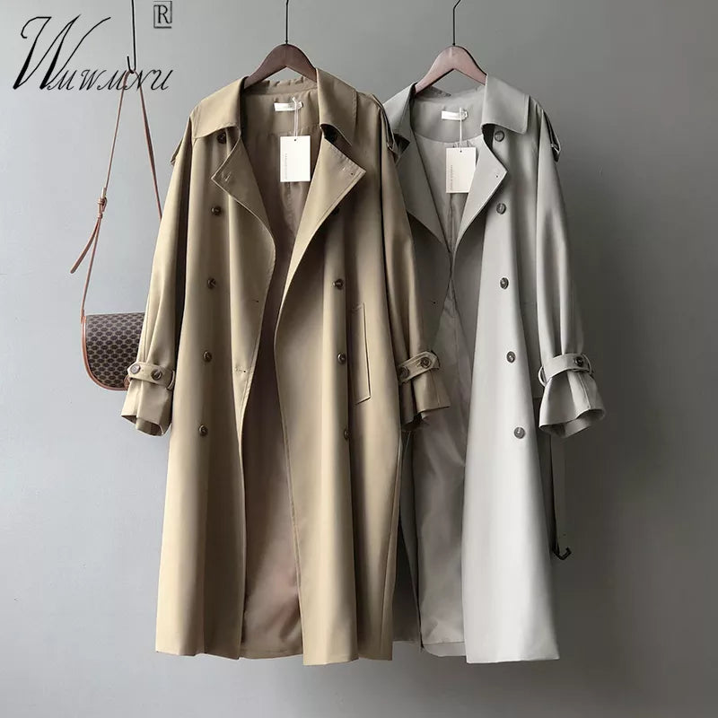 Classic Khaki Long Trench Coats Women Oversize