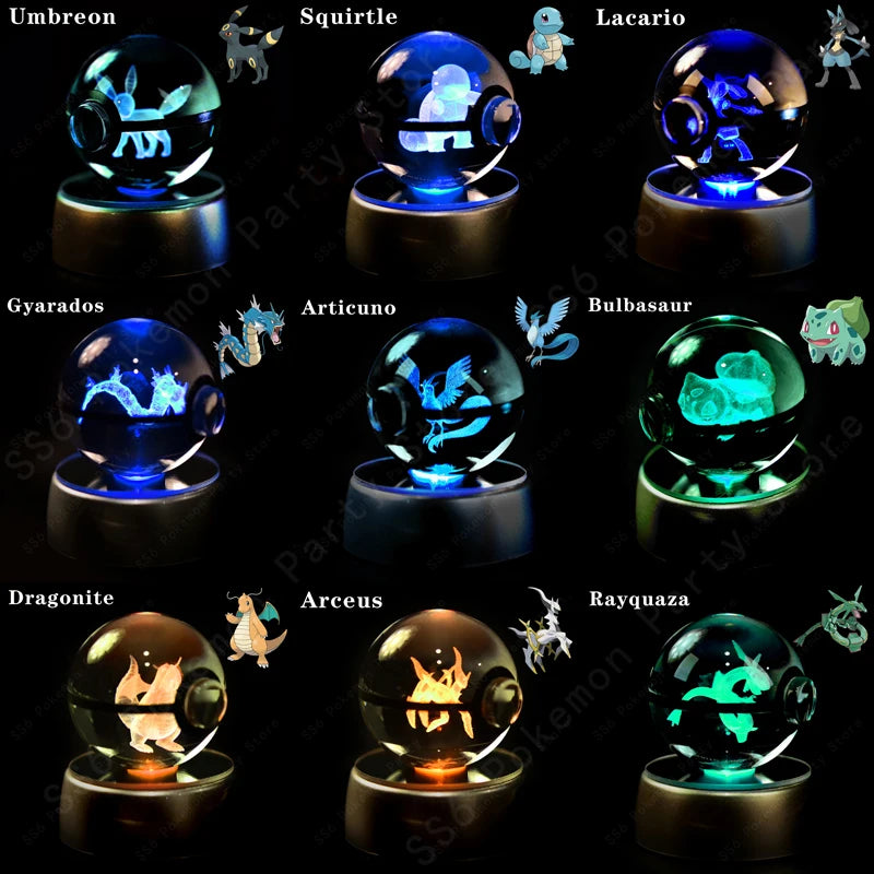 Pokemon Crystal Ball Night Light 3D Pikachu Gengar Mew Mewtwo Lamp Base Pokeball Glass Ball Figure