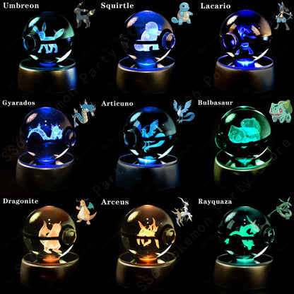 Pokemon Crystal Ball Night Light 3D Pikachu Gengar Mew Mewtwo Lamp Base Pokeball Glass Ball Figure