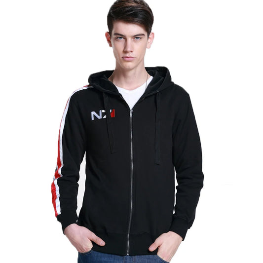 Mass Effect Black Zip-Up Hoodie - Embroidered Fleece Streetwear