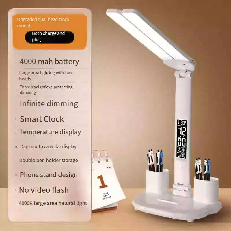 Lampe de bureau LED pliable avec horloge, chargement USB et lumière à intensité variable