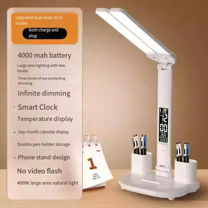 Lampe de bureau LED pliable avec horloge, chargement USB et lumière à intensité variable