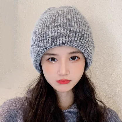 Women's Winter Knitted Beanie - Warm Cashmere Wool & Rabbit Fur Ski Hat