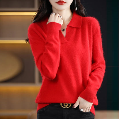 Pulls polo tricotés à manches longues en pur vison et cachemire pour femmes