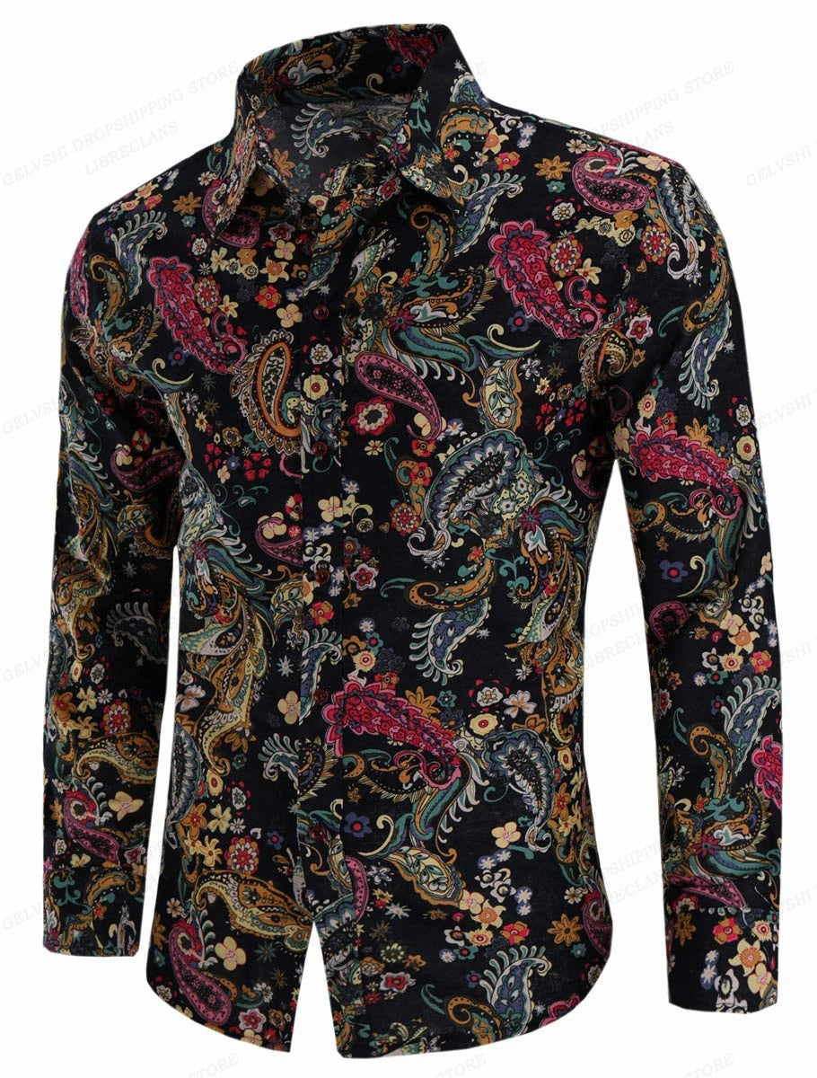 Men's Floral Print Vacation Style Lapel Long Sleeve Shirt