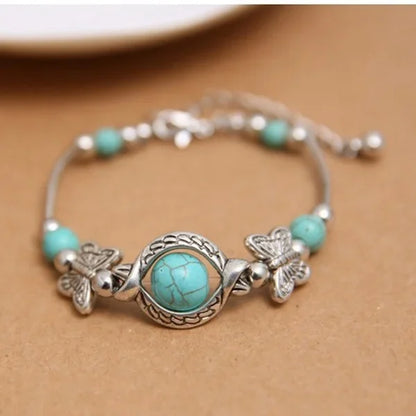 Bracelet chaîne à main turquoise en perles sculptées papillon pour femmes