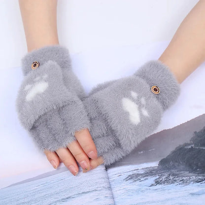 Mitaines en peluche pour femmes - Gants demi-doigts en fourrure de lapin épaisse