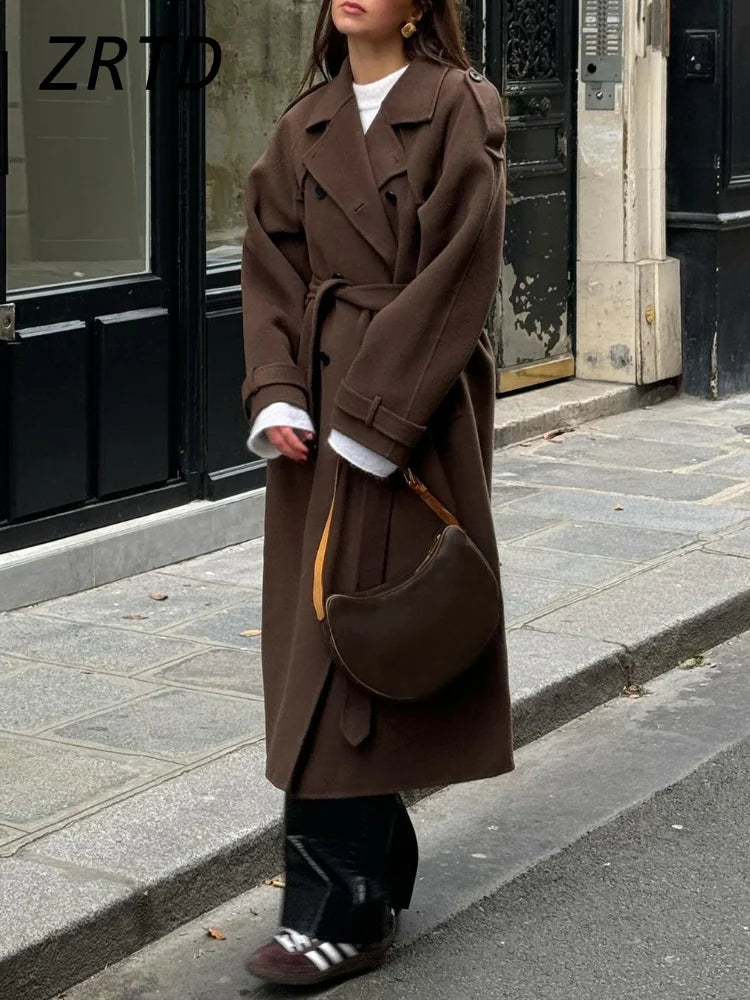 Trench-coat long croisé en laine pour femme - Ceinture