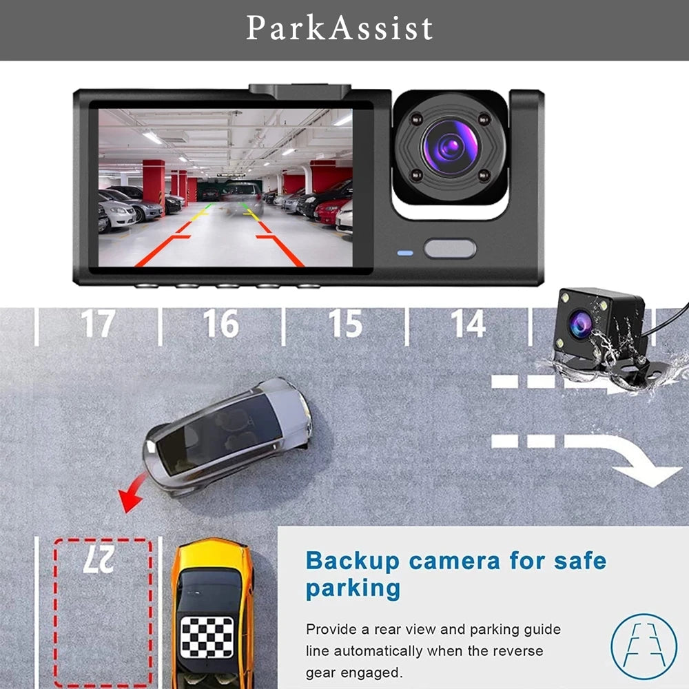 3-Channel 1080P Dash Cam with Triple-Lens & In-Vehicle Recording