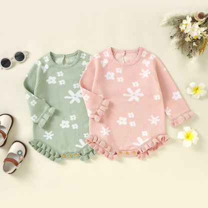 Knitted Infant Girl Bodysuits Floral Winter Playsuits