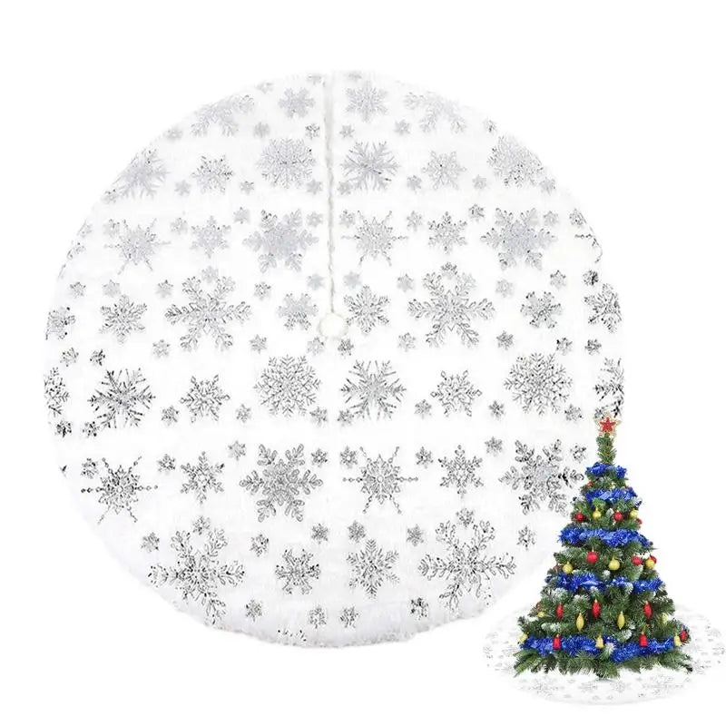 Jupe d'arbre en peluche blanche avec flocon de neige à paillettes argentées