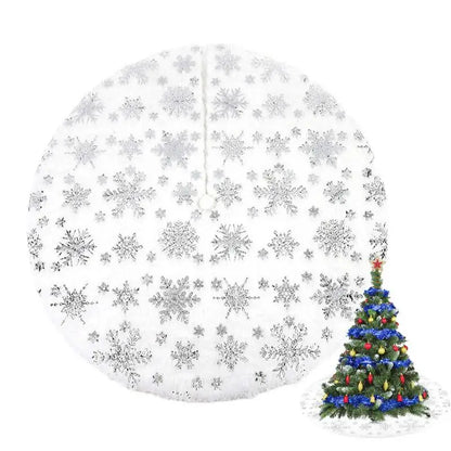 Jupe d'arbre en peluche blanche avec flocon de neige à paillettes argentées