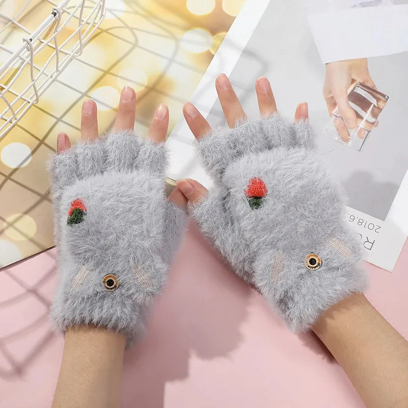 Mitaines en peluche pour femmes - Gants demi-doigts en fourrure de lapin épaisse