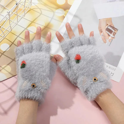 Mitaines en peluche pour femmes - Gants demi-doigts en fourrure de lapin épaisse