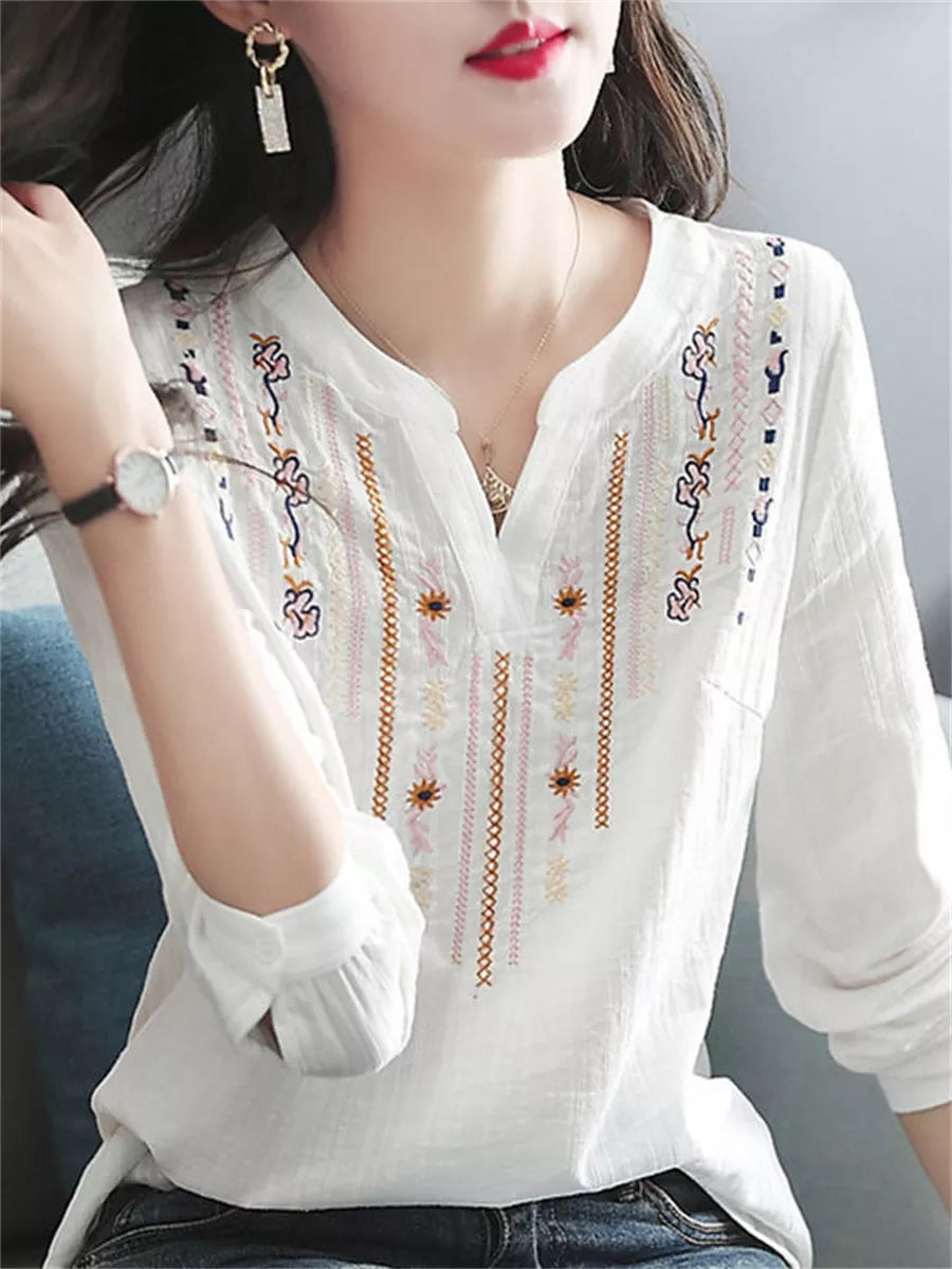 V-Neck Loose Blusas: Women's White Long Sleeve Tops