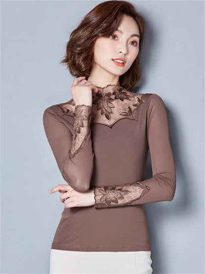 Casual Long Sleeve Lace Blouses with Turtleneck