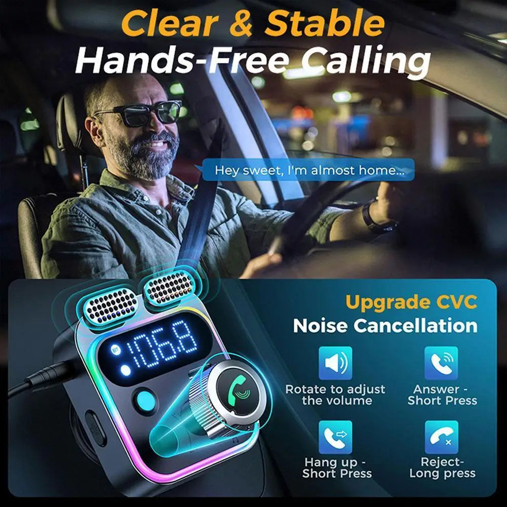 Bluetooth FM Transmitter with Dual Mics, Handsfree Calling, and Fast Charging