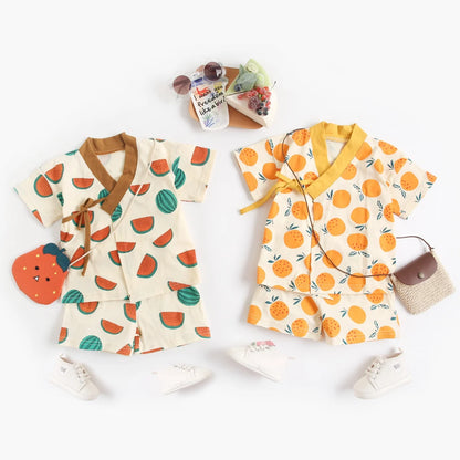 Children's Short Sleeve Cute Printing Cotton Top & Bottom Clothes Set