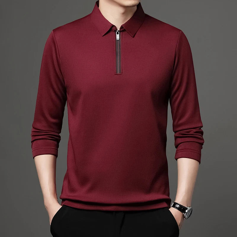 Men's Long Sleeve Zipper Polo Shirt with Turn-Down Collar