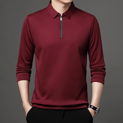 Men's Long Sleeve Zipper Polo Shirt with Turn-Down Collar