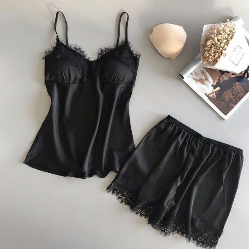 Women's Halter Pajamas 2-Piece Camisole Shorts Sexy Lace Breathable Comfort Wear