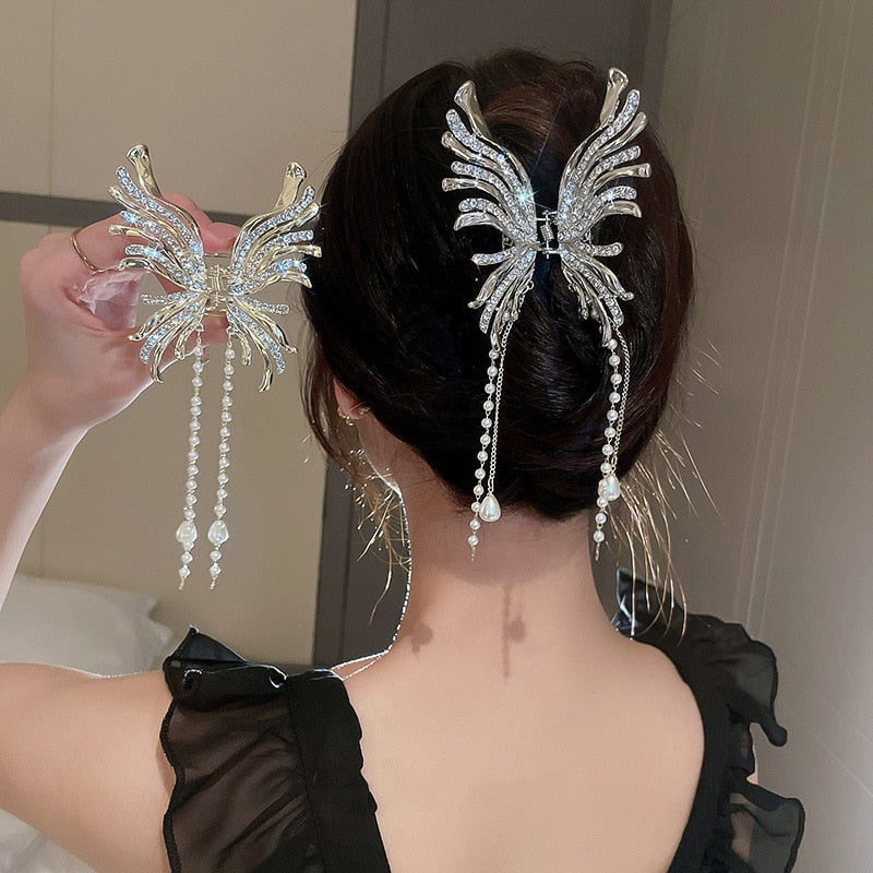 Chic Butterfly Pearl Tassel Hair Clip