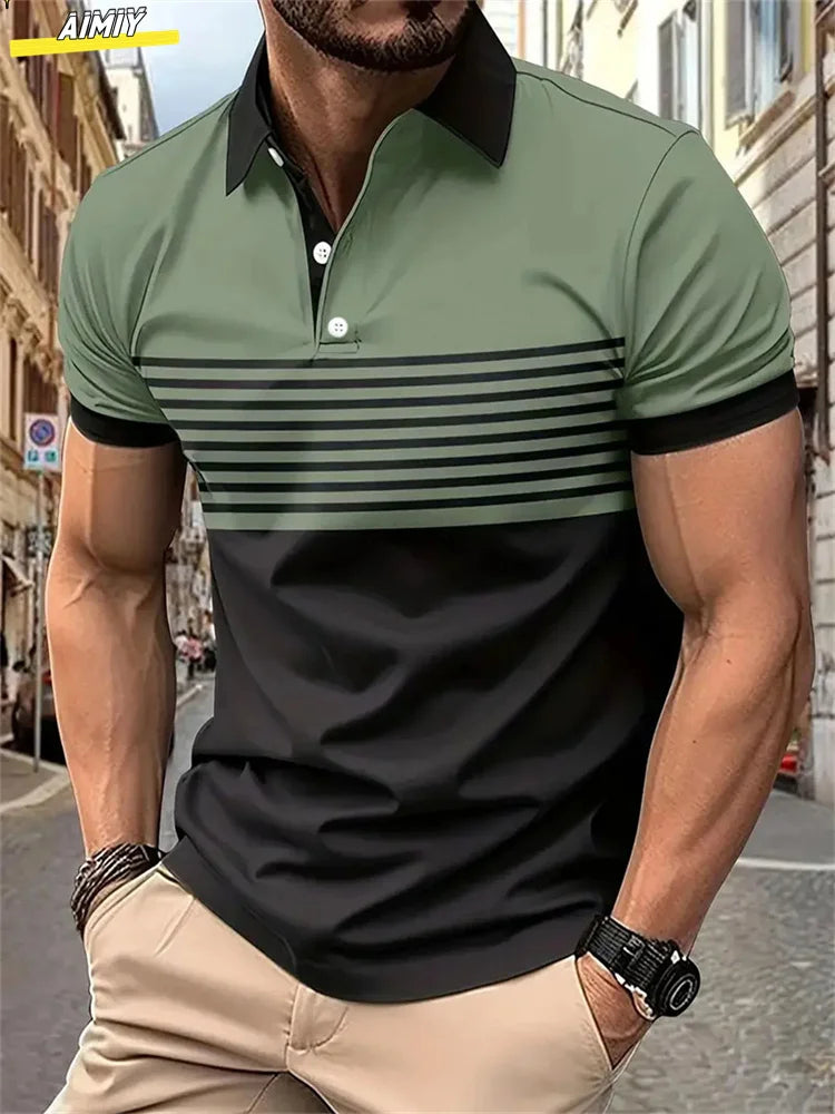 Herren Golf Stripe Poloshirt Lässiges Kurzarm-Poloshirt Einfarbiges Revers Mode Neues Business-Sport-T-Shirt Atmungsaktives Oberteil