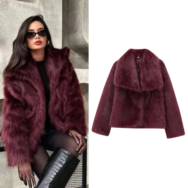 Blouson aviateur en fourrure pelucheuse bordeaux pour femme - Manteau d'hiver décontracté 