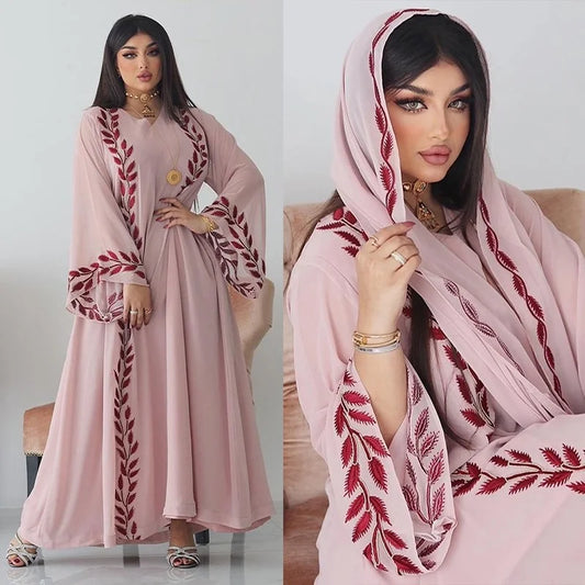 Muslim Embroidery Pink Abaya Dress