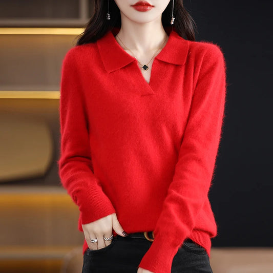 Women's Long sleeve Pure Mink Cashmere Knitted Polo Sweaters