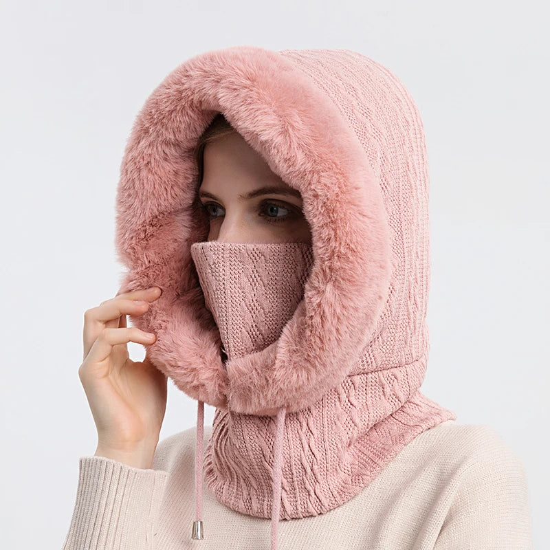 Women's Winter Fur Cap & Mask Set - Knitted Cashmere Balaclava