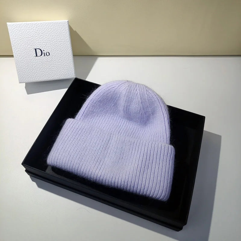 Women's Winter Knitted Beanie - Warm Cashmere Wool & Rabbit Fur Ski Hat