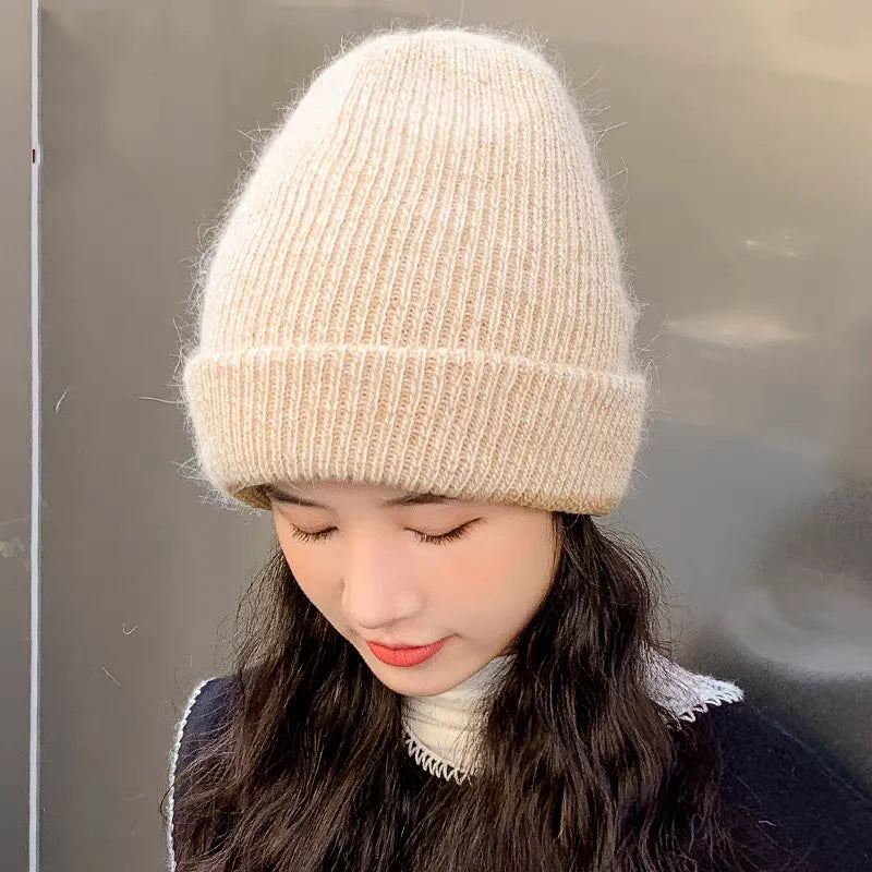 Women's Winter Knitted Beanie - Warm Cashmere Wool & Rabbit Fur Ski Hat