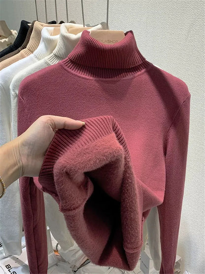 Velvet-Lined Turtleneck Winter Sweater