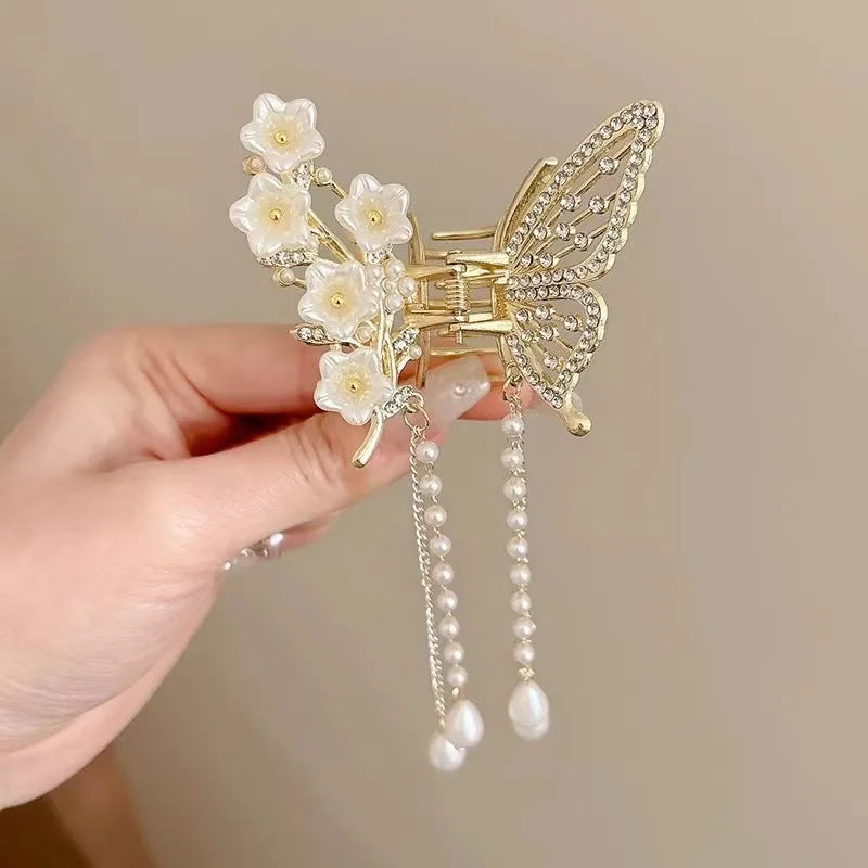 Chic Butterfly Pearl Tassel Hair Clip