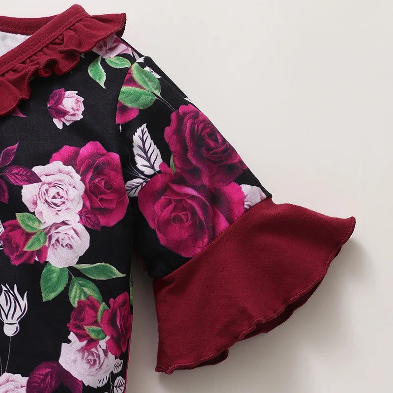 Baby Girls Rose Floral Ruffle Short Sleeve Jumpsuit + Headband