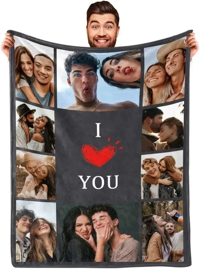 I Love You Custom Blanket with Photo Collage Text Picture Throw Blanket Valentine's Day Birthday Gift