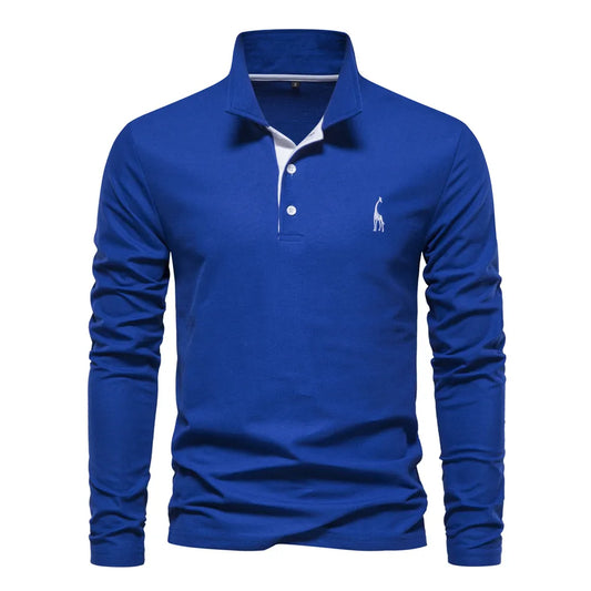 Men's Solid Color Long Sleeve Polo Shirt with Deer Embroidery