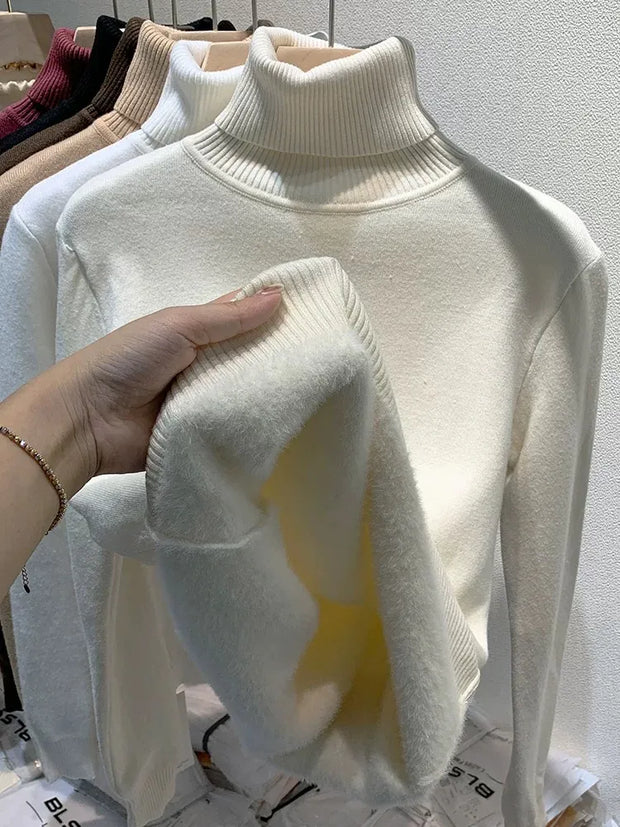 Velvet-Lined Turtleneck Winter Sweater