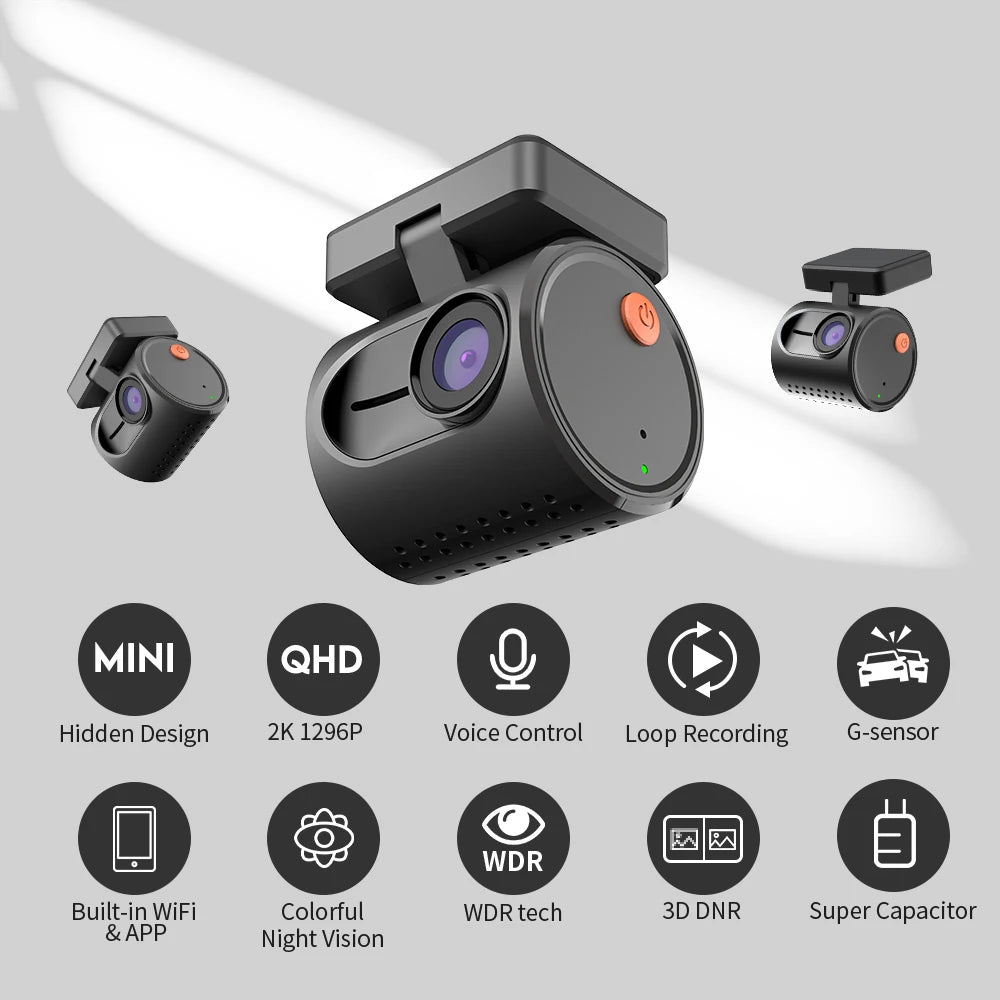 Mini Dash Cam 2K avec WiFi - Commande vocale - Vision nocturne et WDR