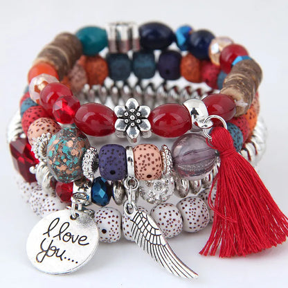 Bracelet élastique en perles de cristal multicolores, pompon, lettres d'ailes