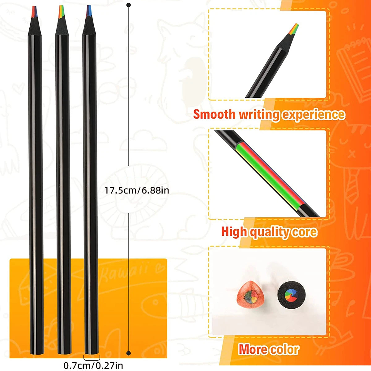 7-in-1 Rainbow Colored Black Wood Pencils