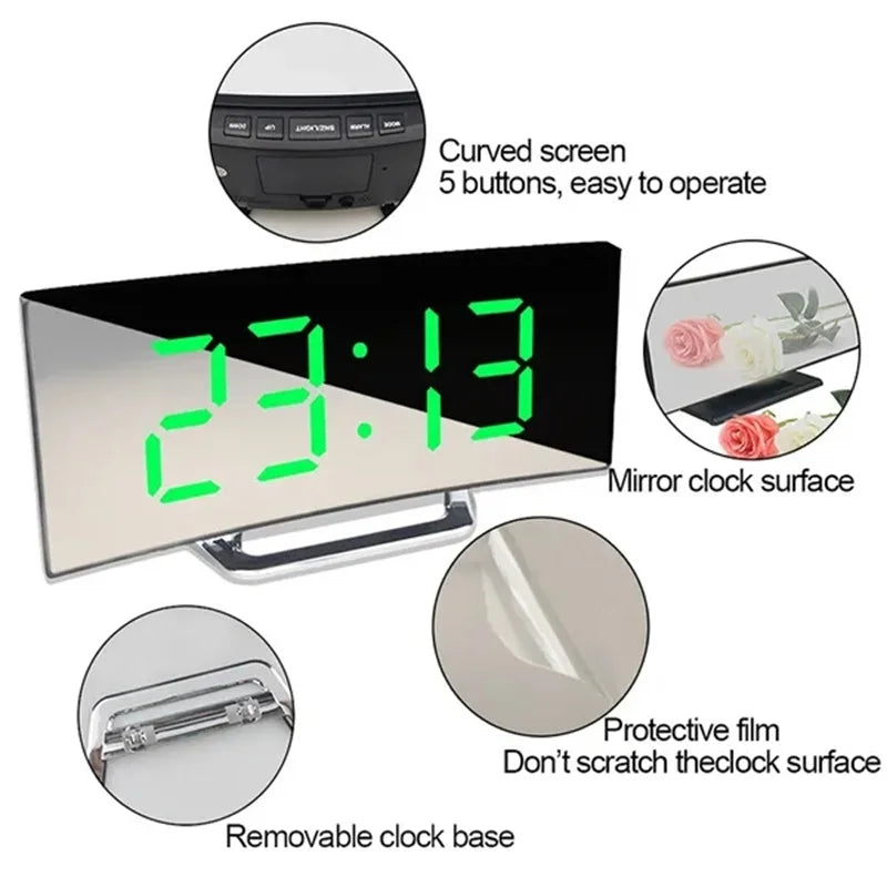 LED Curved Screen Digital Alarm Clock with USB Charging